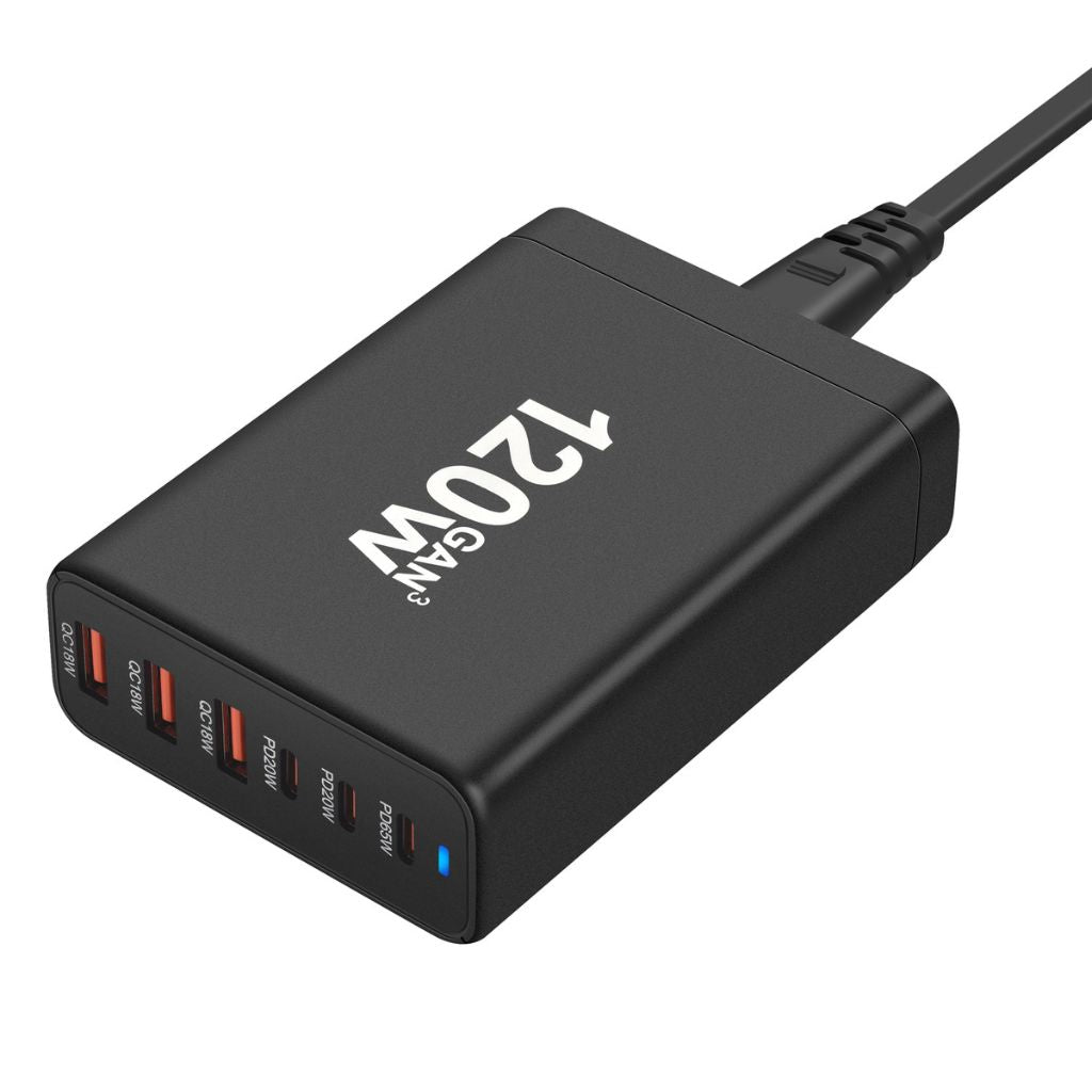 120W GaN 6-Port USB-C Charger with advanced GaN technology, featuring three USB-C PD ports and three USB-A QC 3.0 ports for fast and efficient multi-device charging. Compact and lightweight design suitable for home, office, and travel use.