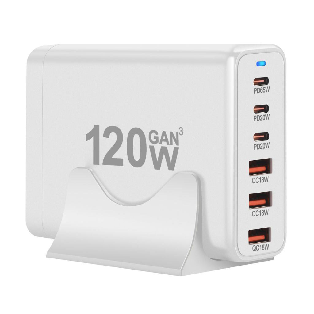 120W GaN 6-Port USB-C Charger with advanced GaN technology, featuring three USB-C PD ports and three USB-A QC 3.0 ports for fast and efficient multi-device charging. Compact and lightweight design suitable for home, office, and travel use.