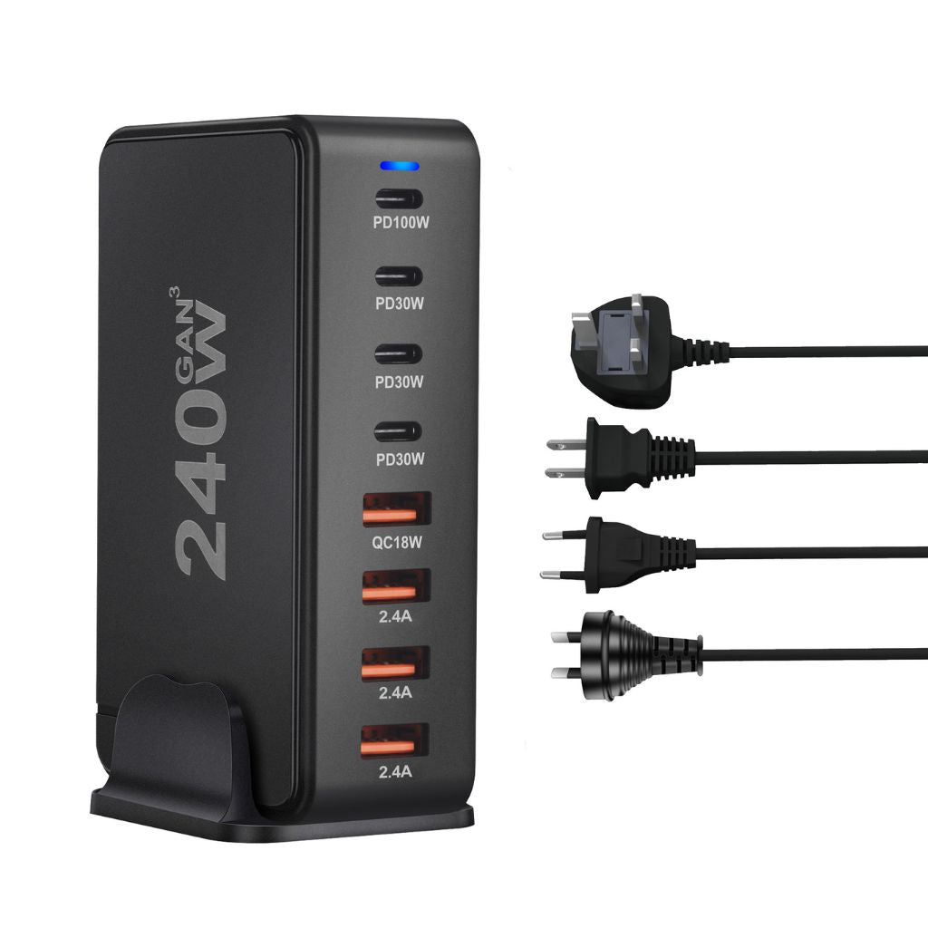 240W GaN 8-Port USB-C Charger with advanced GaN technology, featuring four USB-C PD ports and four USB-A QC ports for ultra-fast and efficient multi-device charging. Compact and lightweight design suitable for home, office, and travel use.