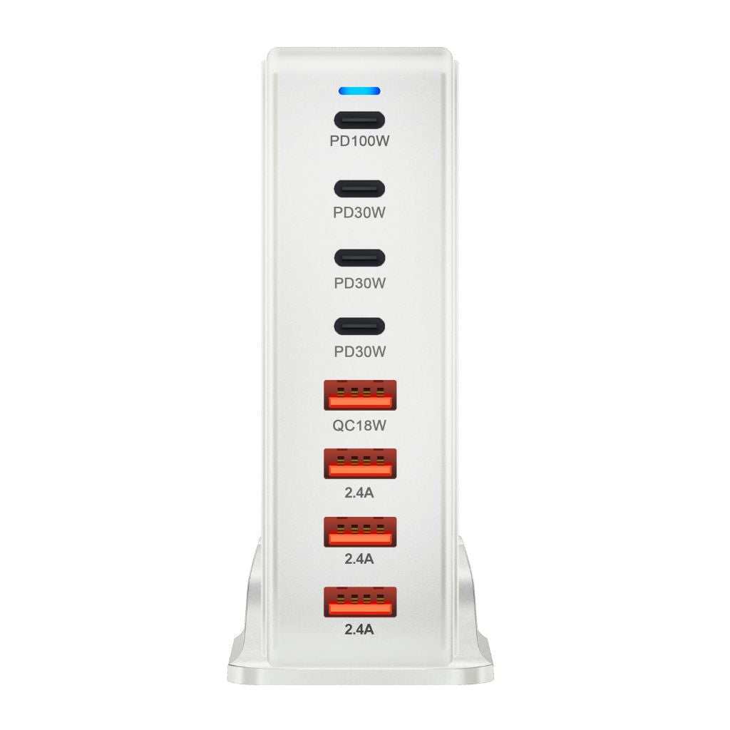 240W GaN 8-Port USB-C Charger with advanced GaN technology, featuring four USB-C PD ports and four USB-A QC ports for ultra-fast and efficient multi-device charging. Compact and lightweight design suitable for home, office, and travel use.