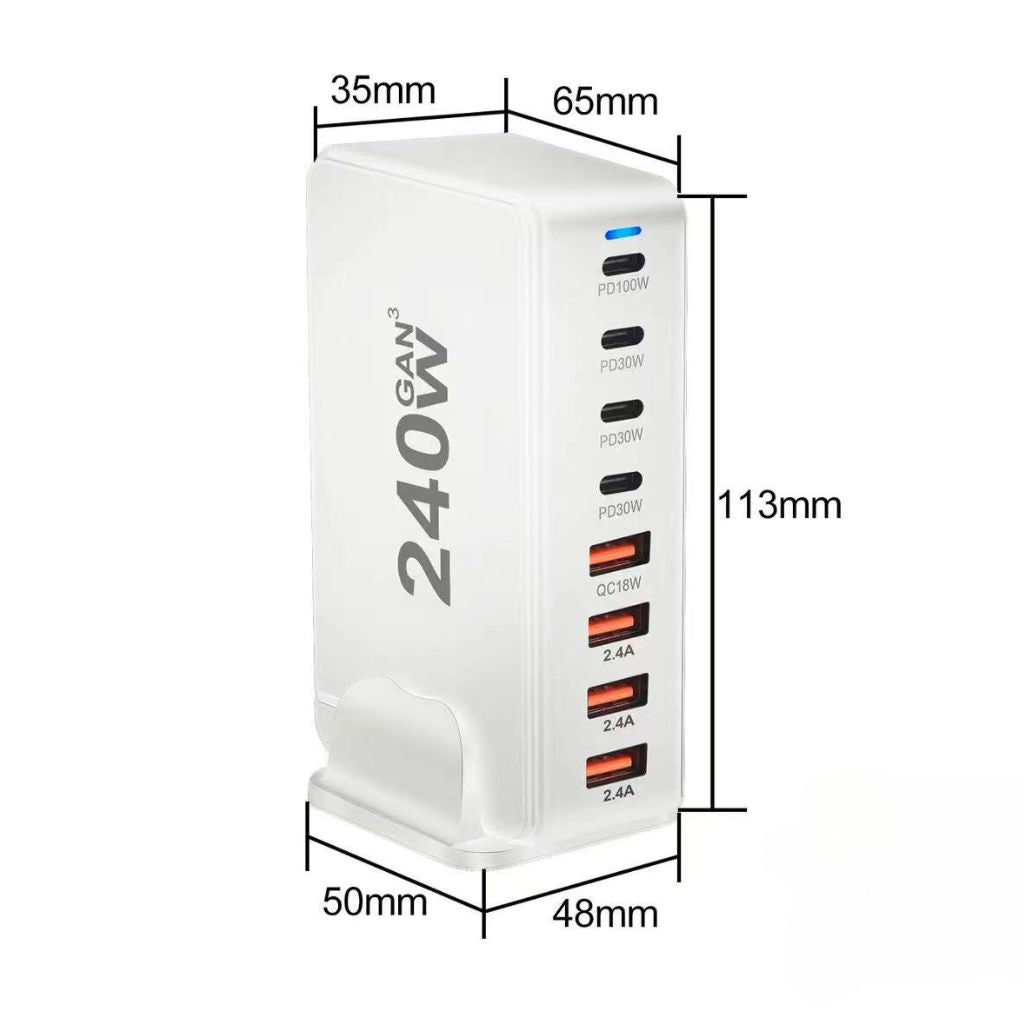 240W GaN 8-Port USB-C Charger with advanced GaN technology, featuring four USB-C PD ports and four USB-A QC ports for ultra-fast and efficient multi-device charging. Compact and lightweight design suitable for home, office, and travel use.