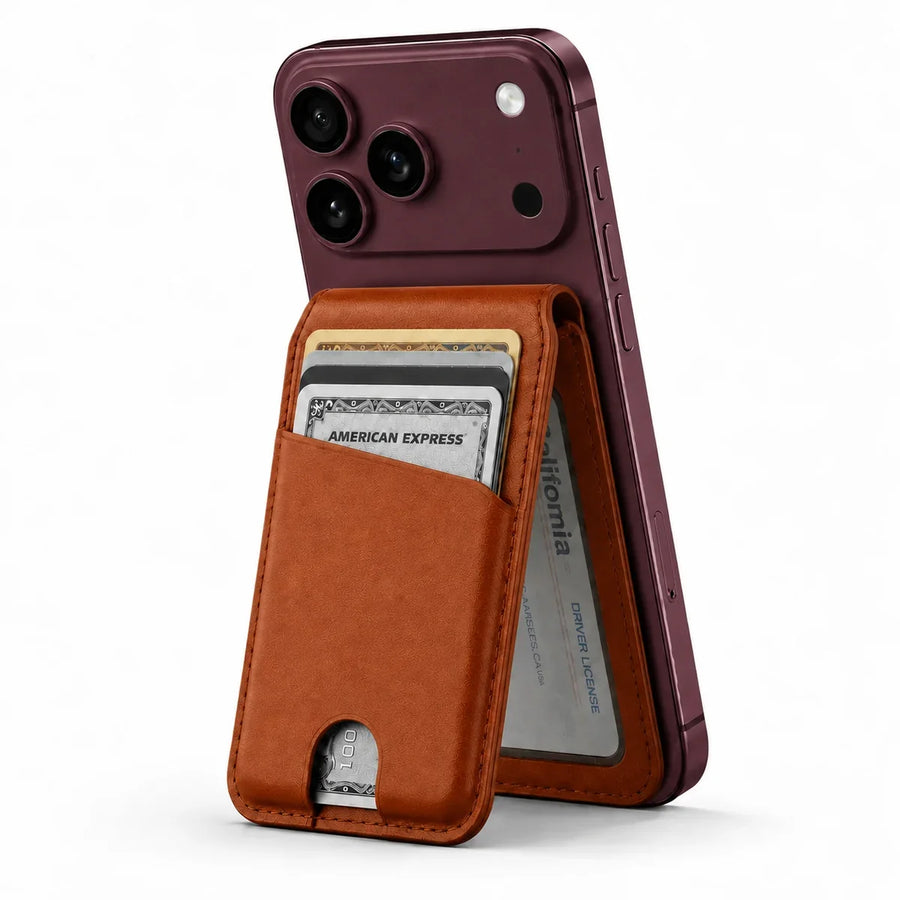 Chestnut Brown folding magnetic wallet supporting a Burgundy iPhone as a stand.