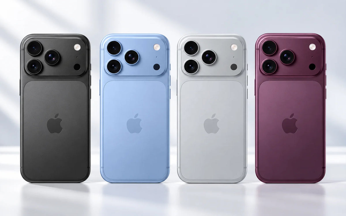 Concept illustration of rumored iPhone 18 Pro designs in graphite, light blue, silver and burgundy.