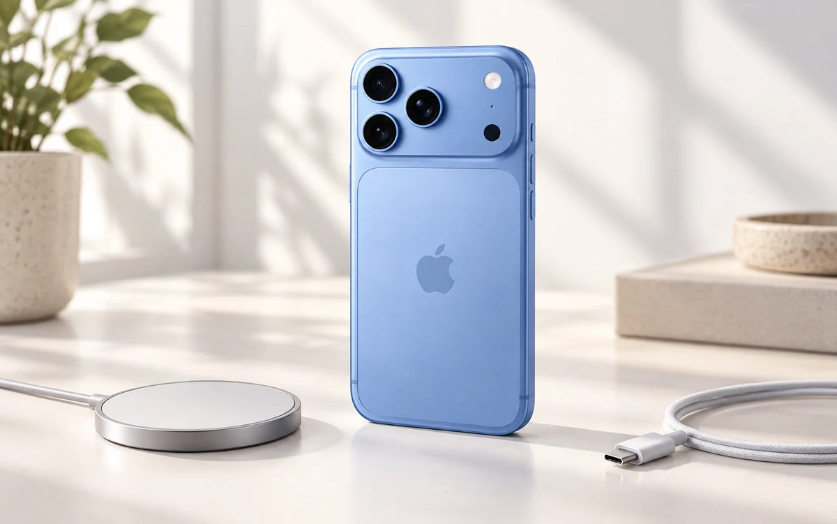 Editorial illustration of a light-blue iPhone concept beside a magnetic charging puck and USB-C cable.