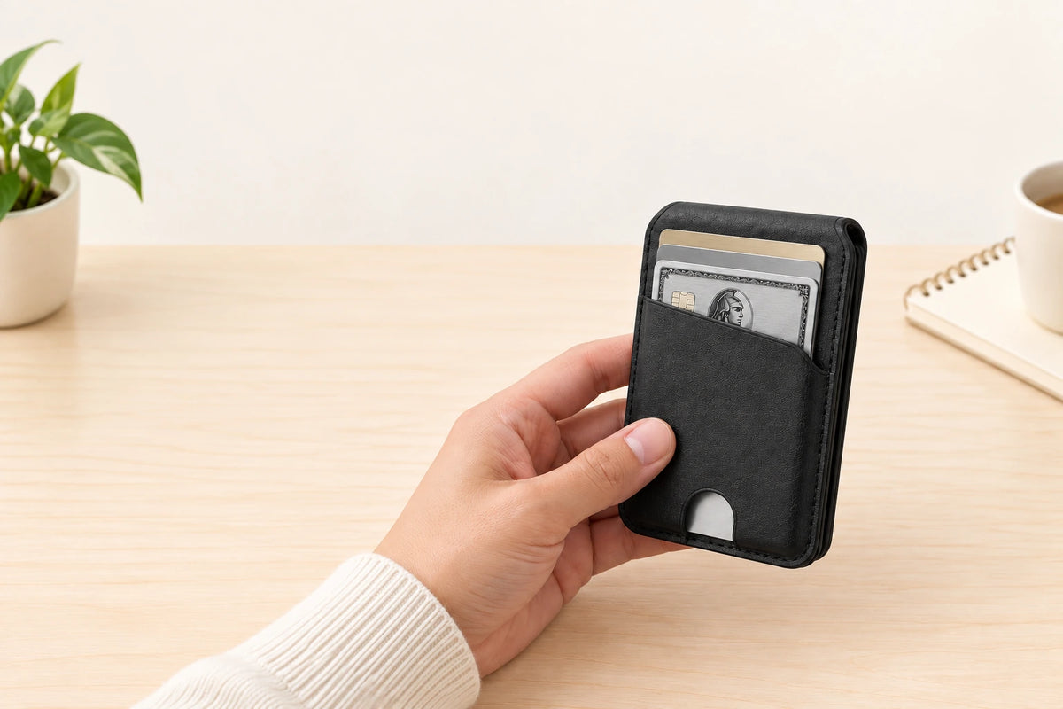 A black folding card wallet closed flat in one hand.