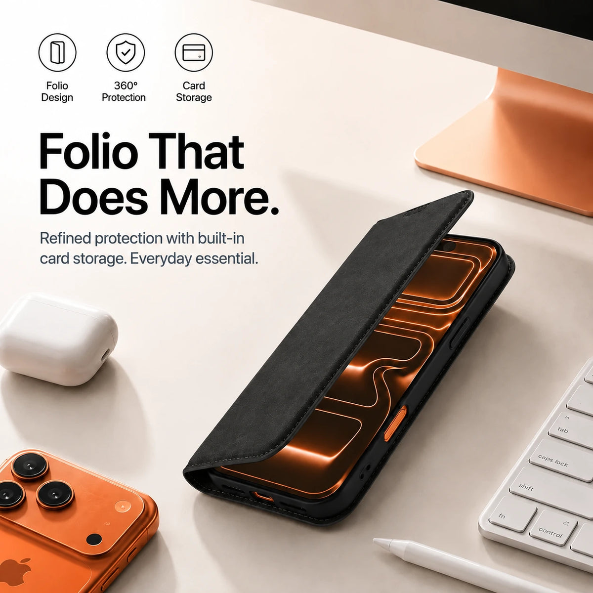 Black leather folio phone case with its front cover partly open #color_Midnight Black