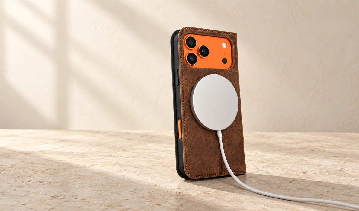White magnetic charging puck attached to the stitched brown folio phone case.