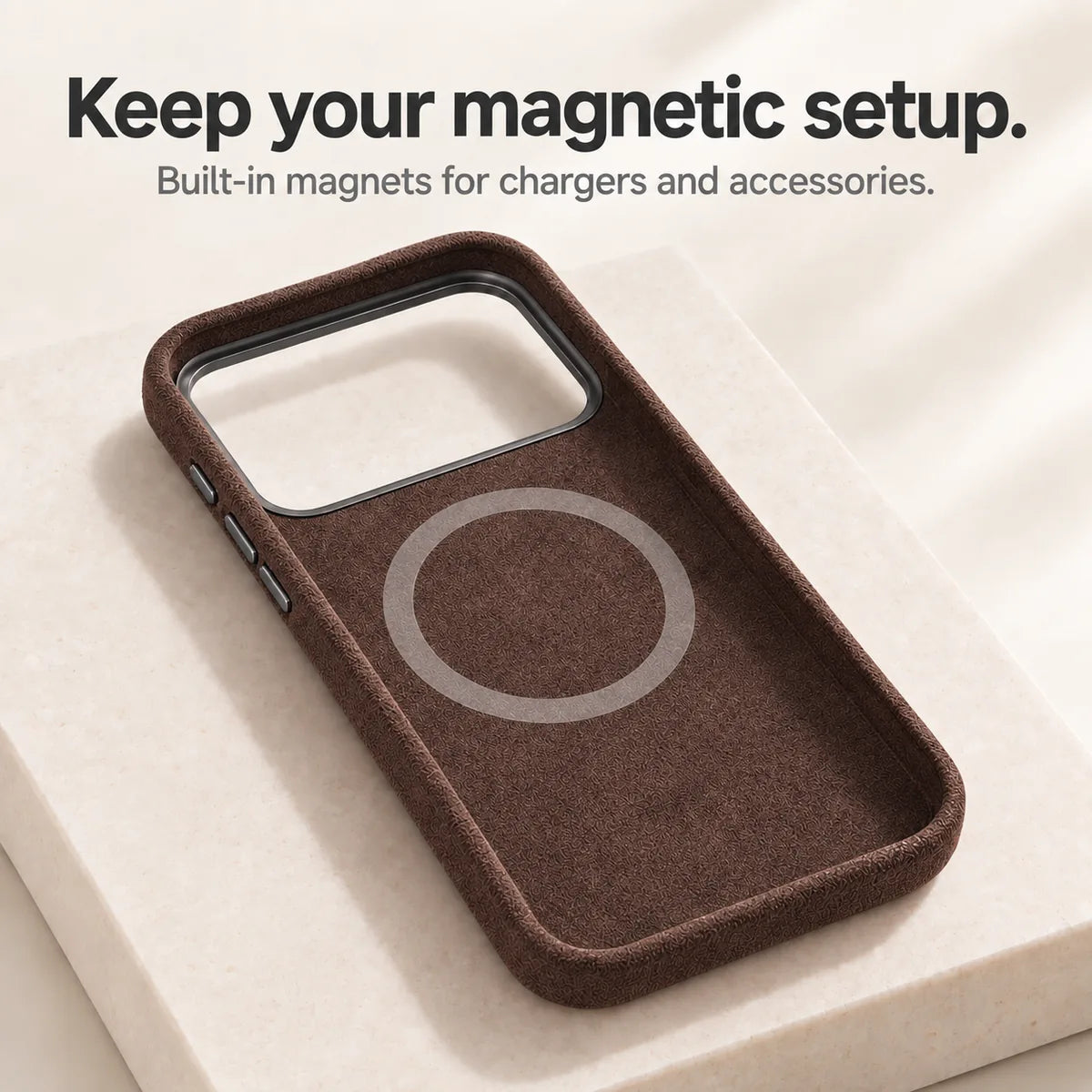 Brown fabric phone case interior showing the circular magnetic ring. #color_Espresso Brown