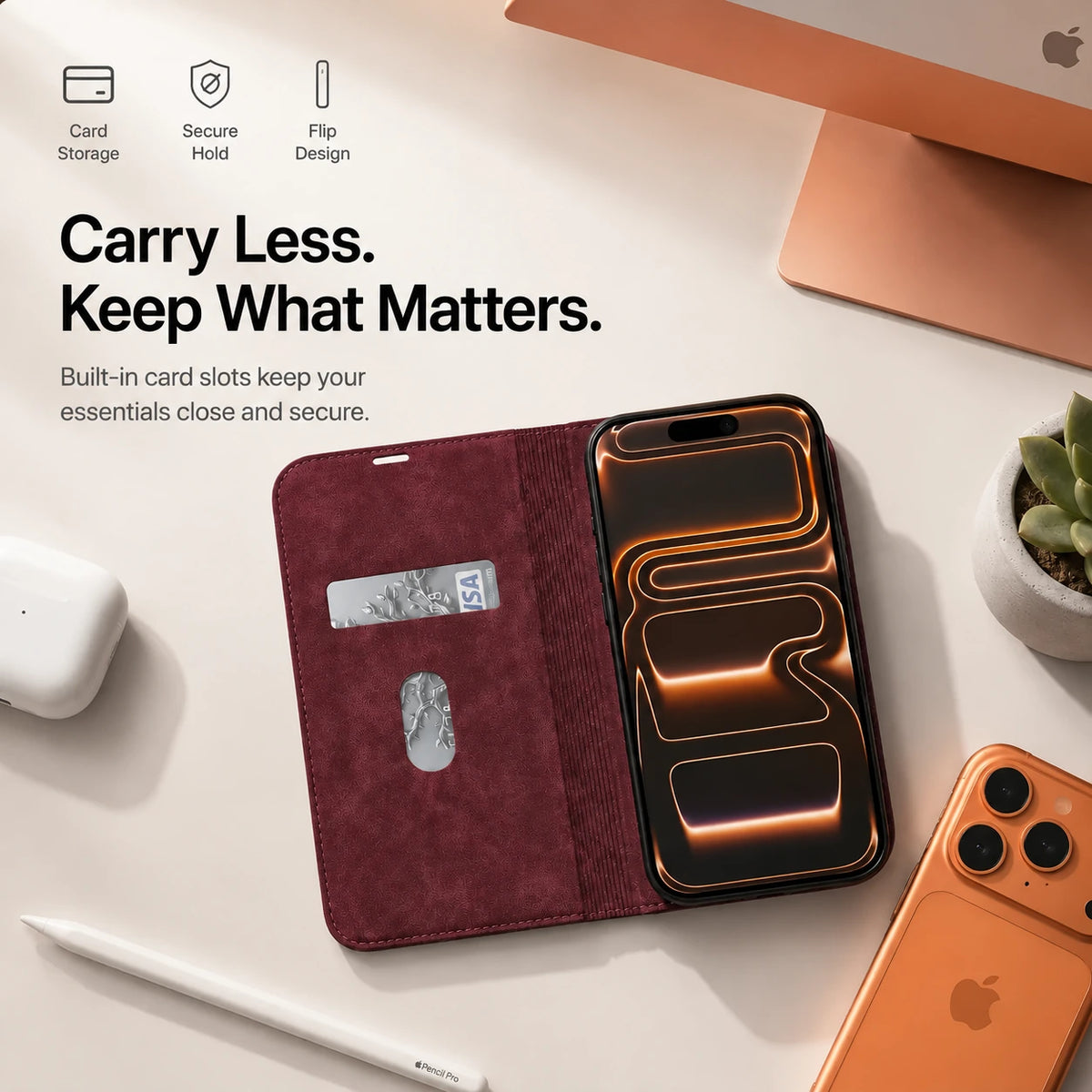 Burgundy leather folio phone case opened to show card slots on a desk #color_Crimson Red