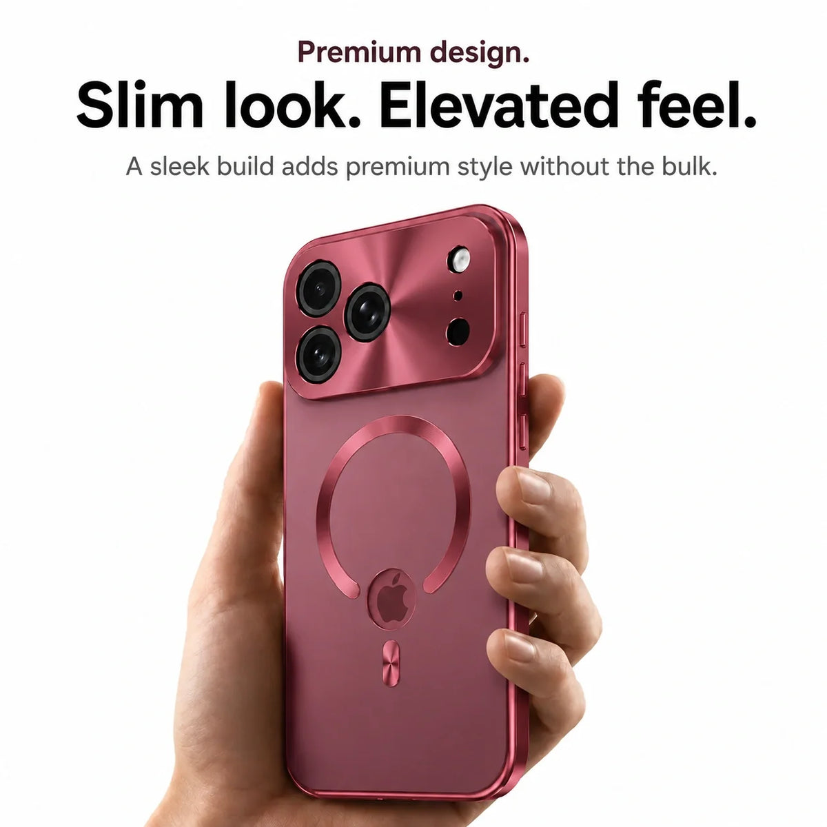 Burgundy metal frame phone case held upright to show its slim design #color_Burgundy
