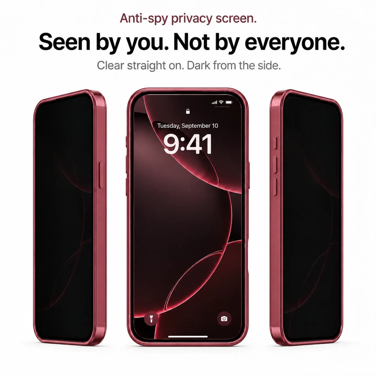 Burgundy metal frame phone case showing the privacy screen from three angles #color_Burgundy