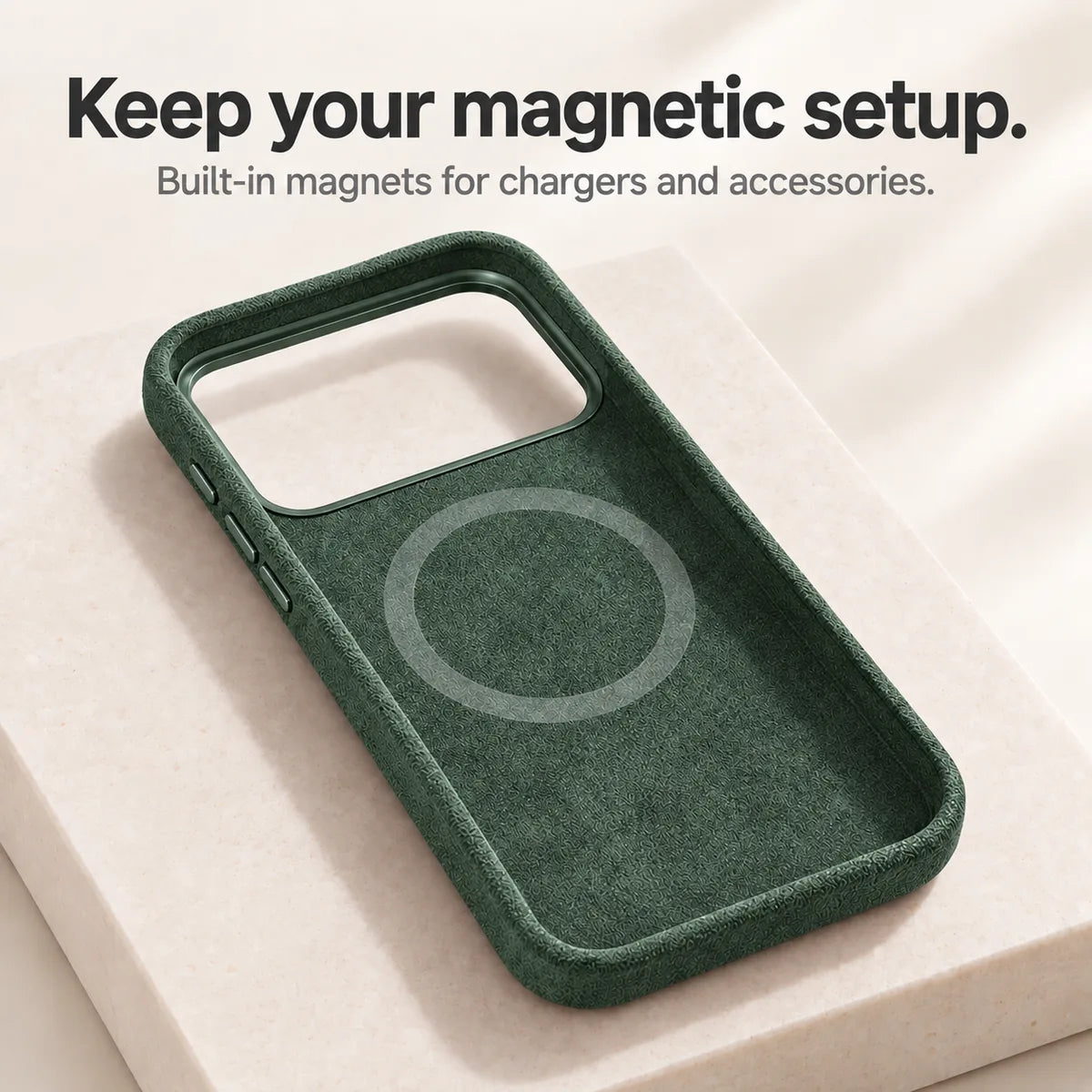 Dark green fabric phone case interior showing the circular magnetic ring. #color_Forest Green