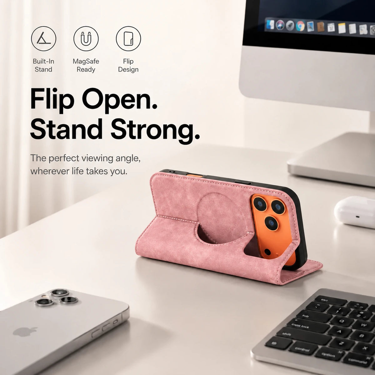 Pink leather folio phone case viewed from behind in a landscape stand position #color_Rose Pink